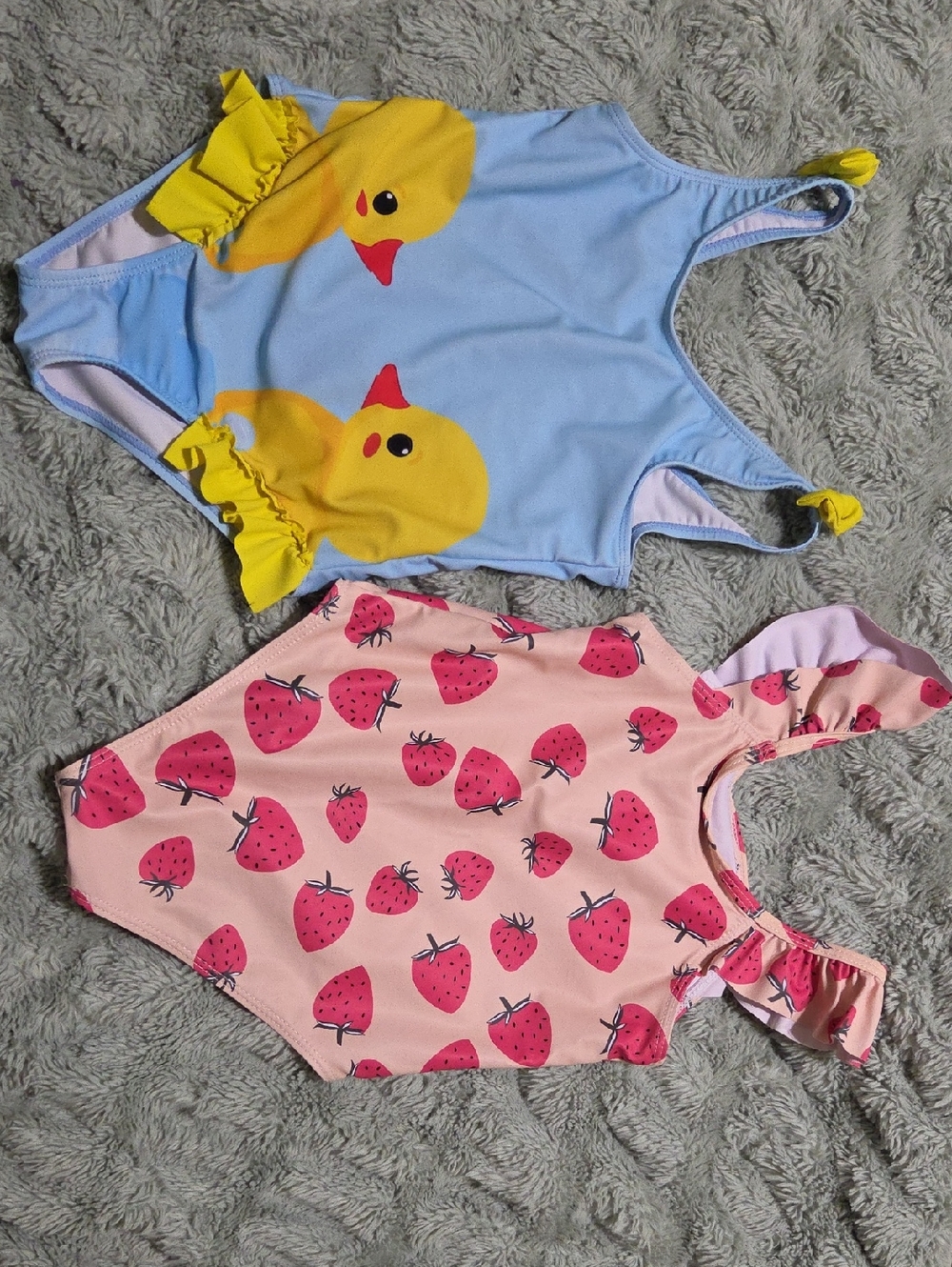 SHEIN Blue & Yellow Duck One-Piece + SHEIN Pink Strawberry One-Piece